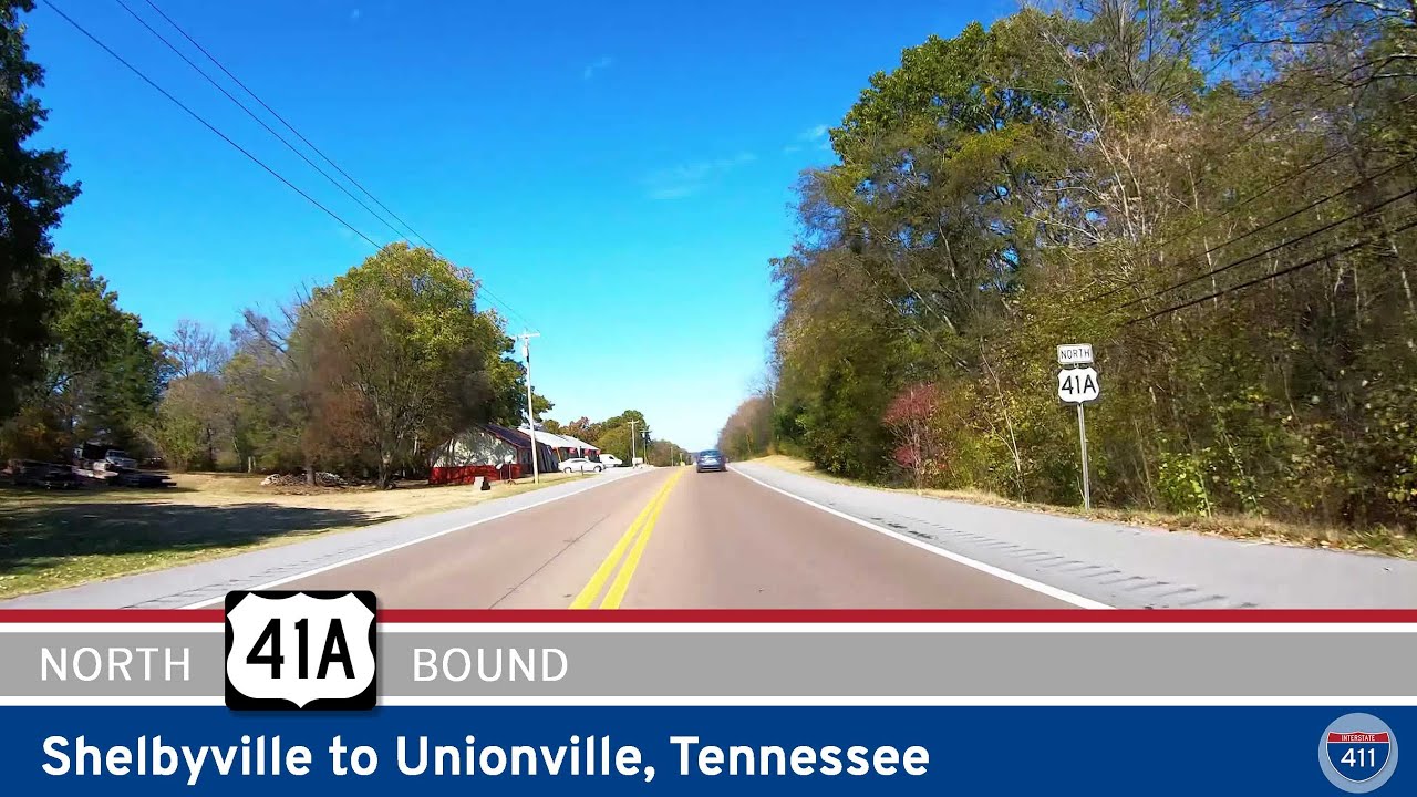 Drive America's Highways for 7 miles north along U.S. Route 41A from Shelbyville to Unionville, Tennessee.