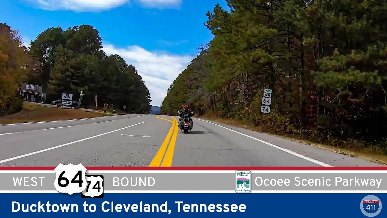 Drive America's Highways for 33 miles west along U.S. Route 64 from Ducktown to Cleveland, Tennessee.