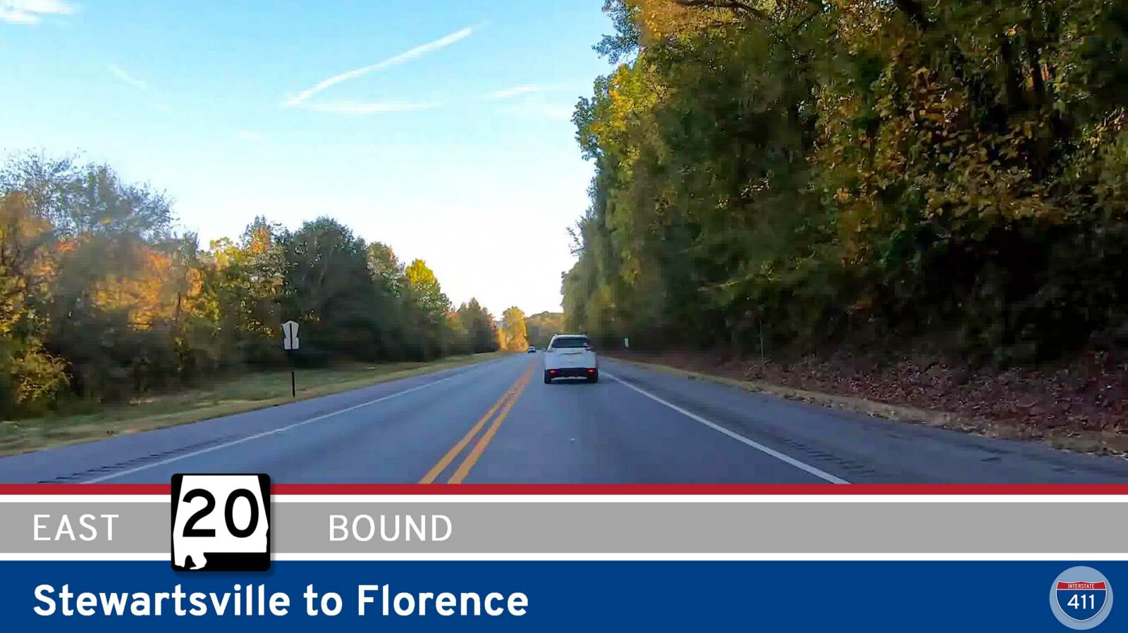 Drive America's Highways for 14 miles east along Alabama State Route 20 from Stewartsville to Florence.