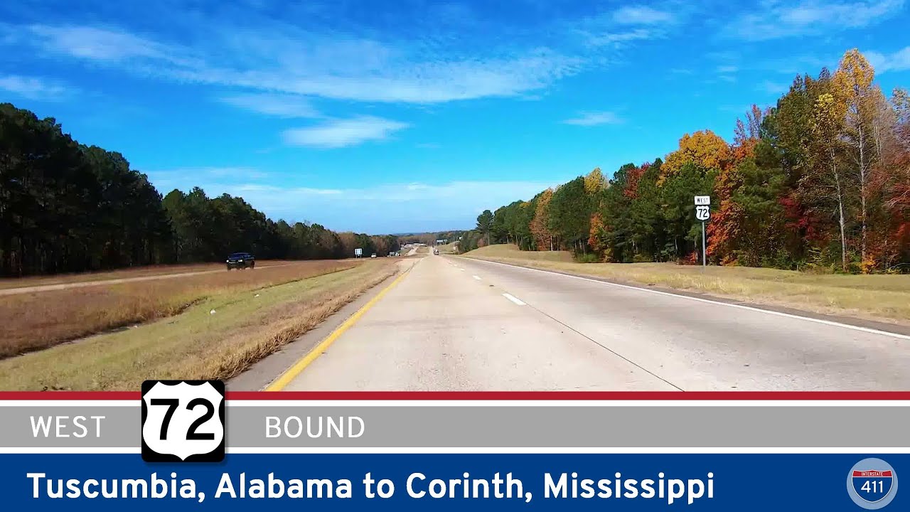 Drive America's Highways for 54 miles west along U.S. Route 72 from Tuscumbia Alabama to Corinth Mississippi.
