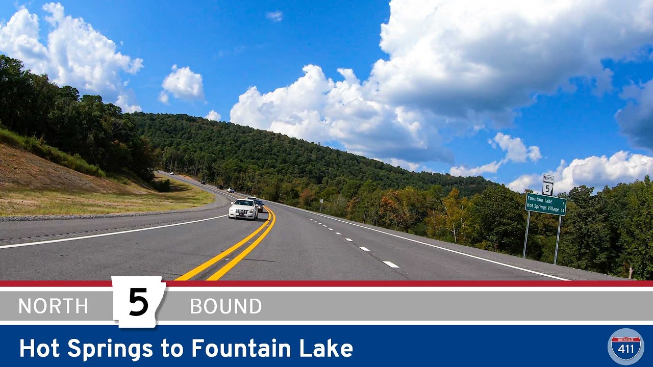 Drive America's Highways for 6 miles north along Arkansas Highway 5 from Hot Springs to Fountain Lake, Arkansas.