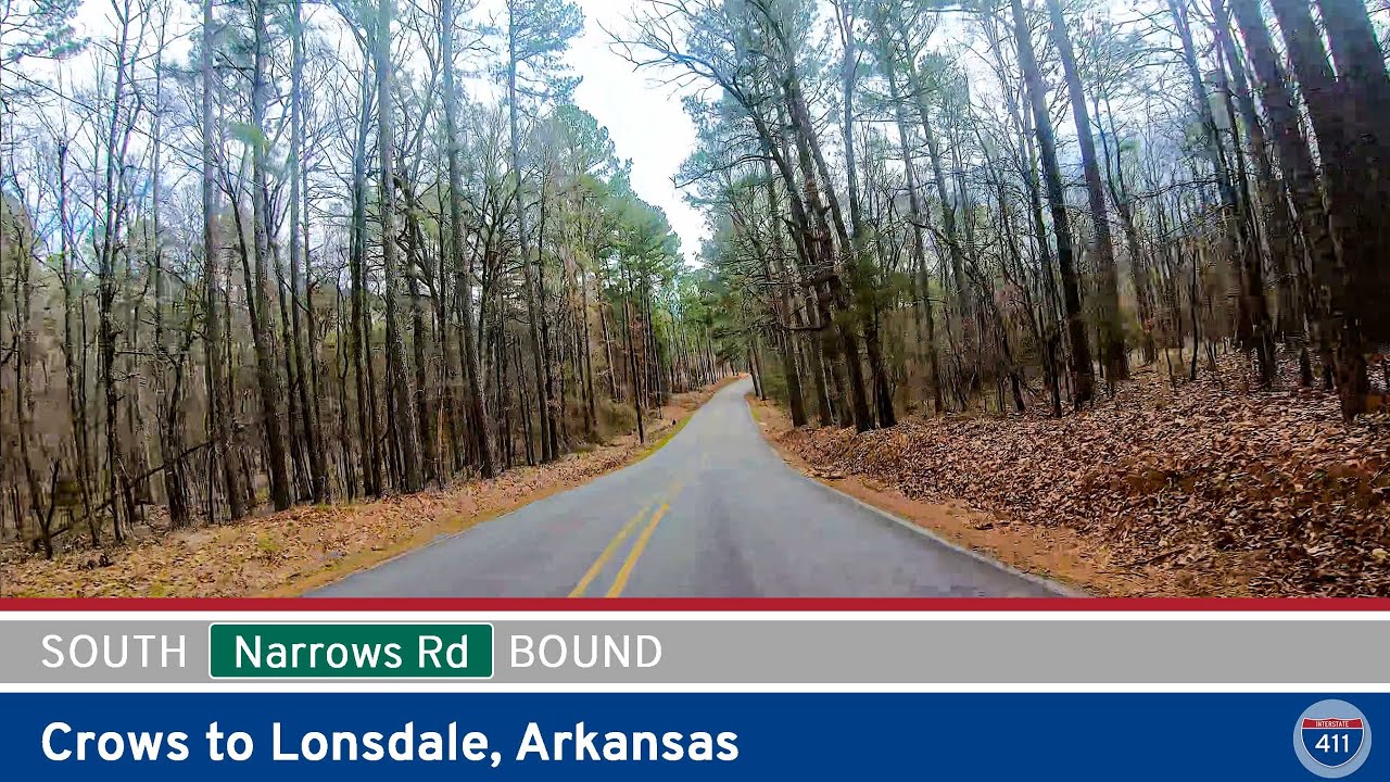 Drive America's Highways for 7 miles south along Narrows Road from Crows to Lonsdale, Arkansas.