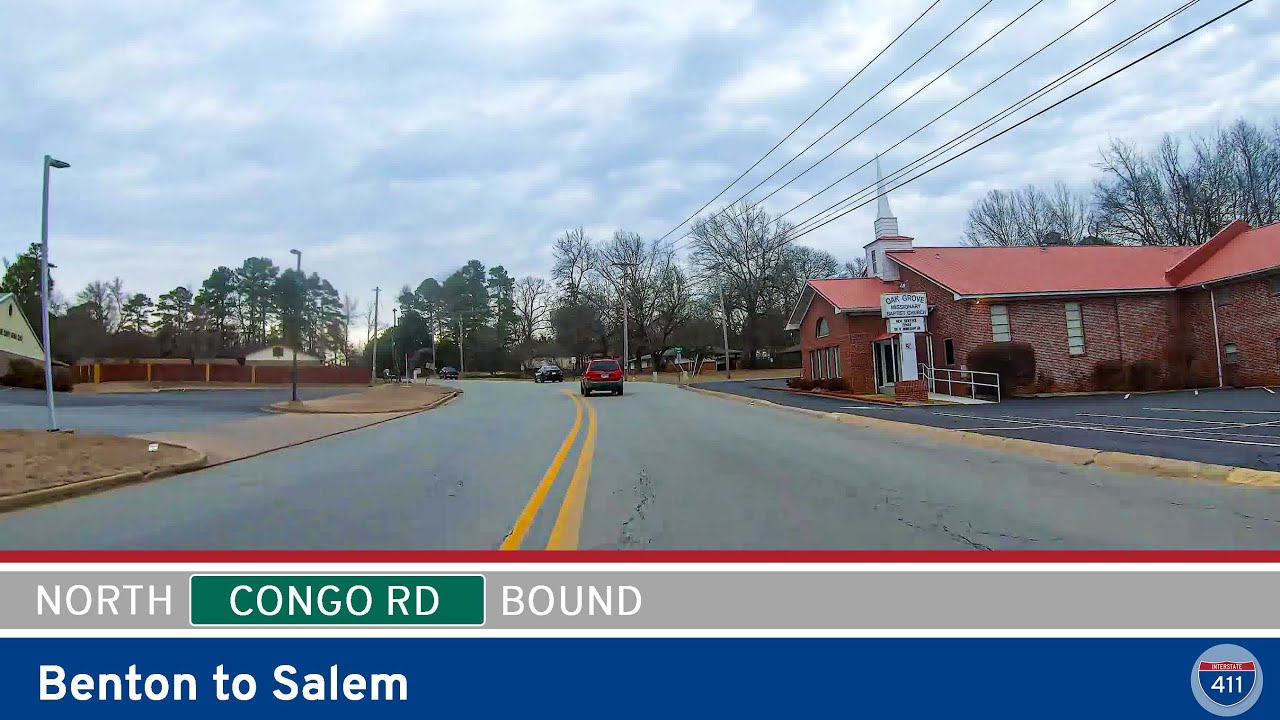 Drive America's Highways for 6 miles north along Congo Road from Benton to Salem, Arkansas.