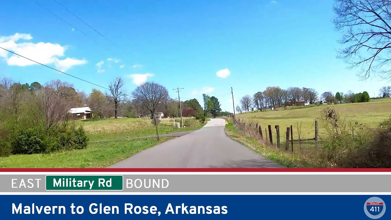 Drive America's Highways for 7 miles east along the old Military Road from Rockport to Glen Rose, Arkansas.