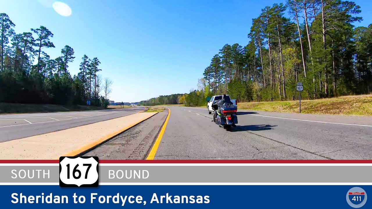Drive America's Highways for 38 miles south along U.S. Route 167 from Sheridan to Fordyce, Arkansas.