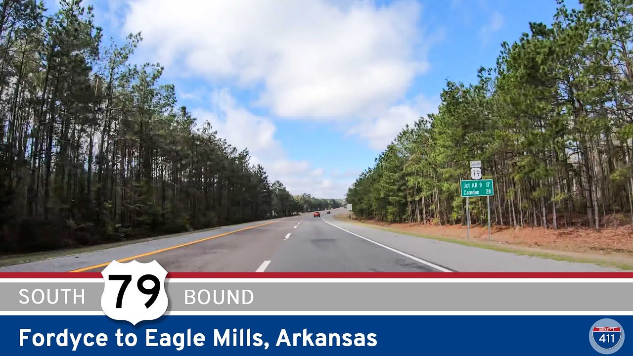 Drive America's Highways for 21 miles south along U.S. Route 79 from Fordyce to Eagle Mills, Arkansas.