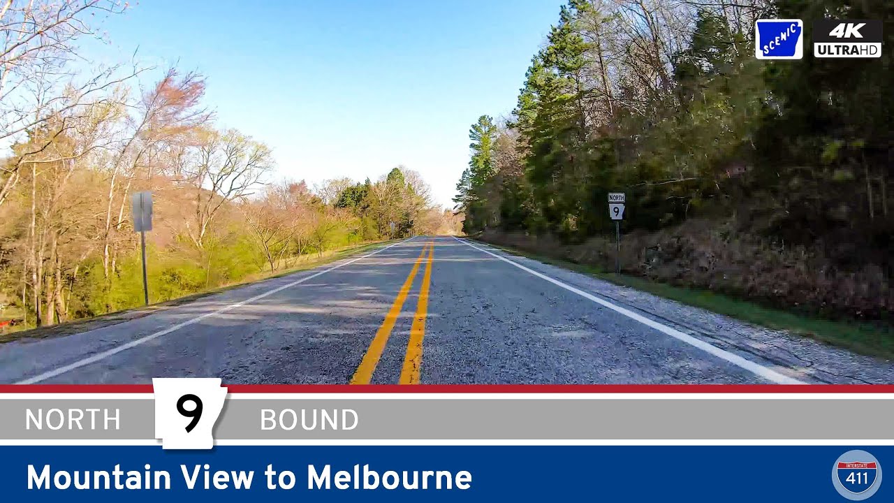 Drive America's Highways for 25 miles north along Arkansas Highway 9 from Mountain View to Melbourne, Arkansas.