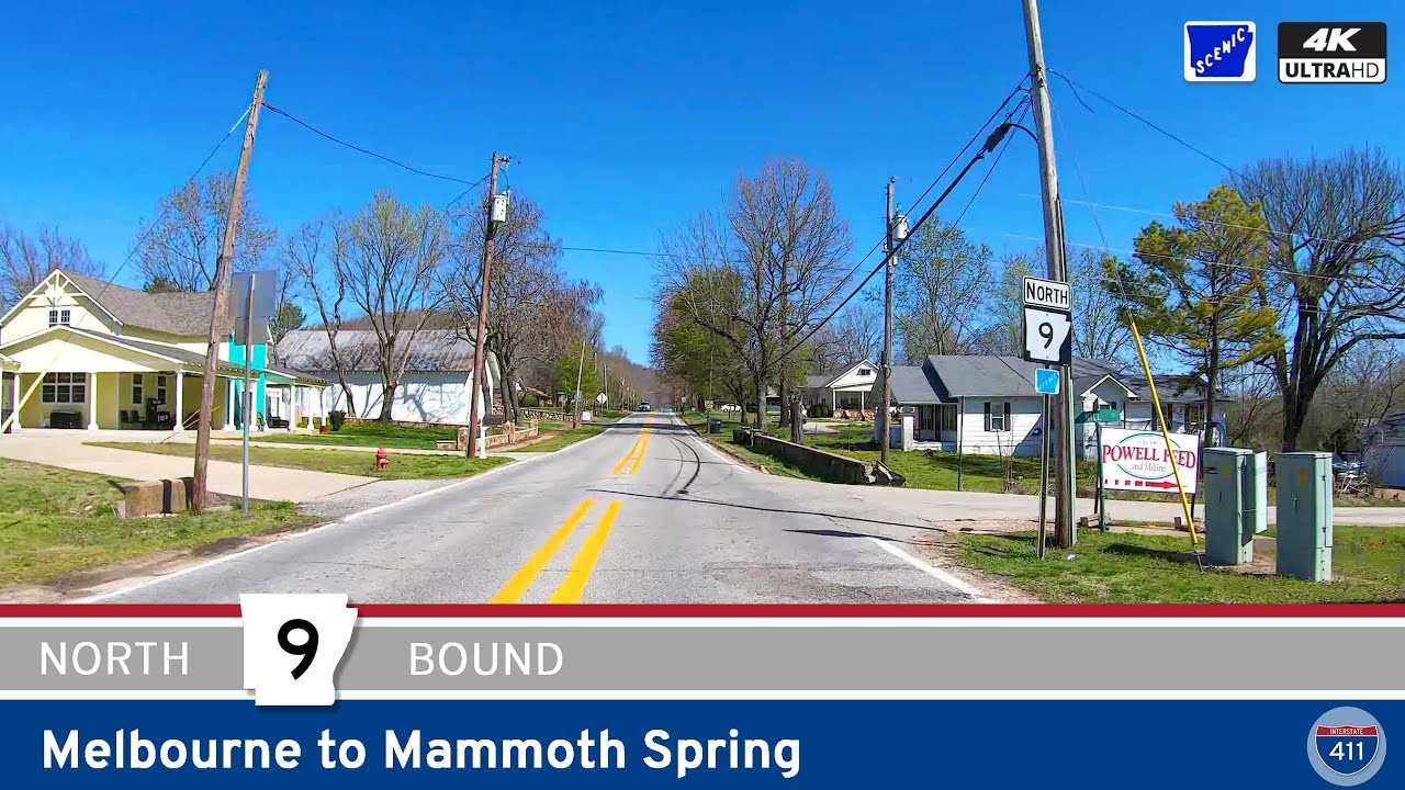 Drive America's Highways for 46 miles north along Scenic Arkansas Highway 9 from Melbourne to Mammoth Spring.