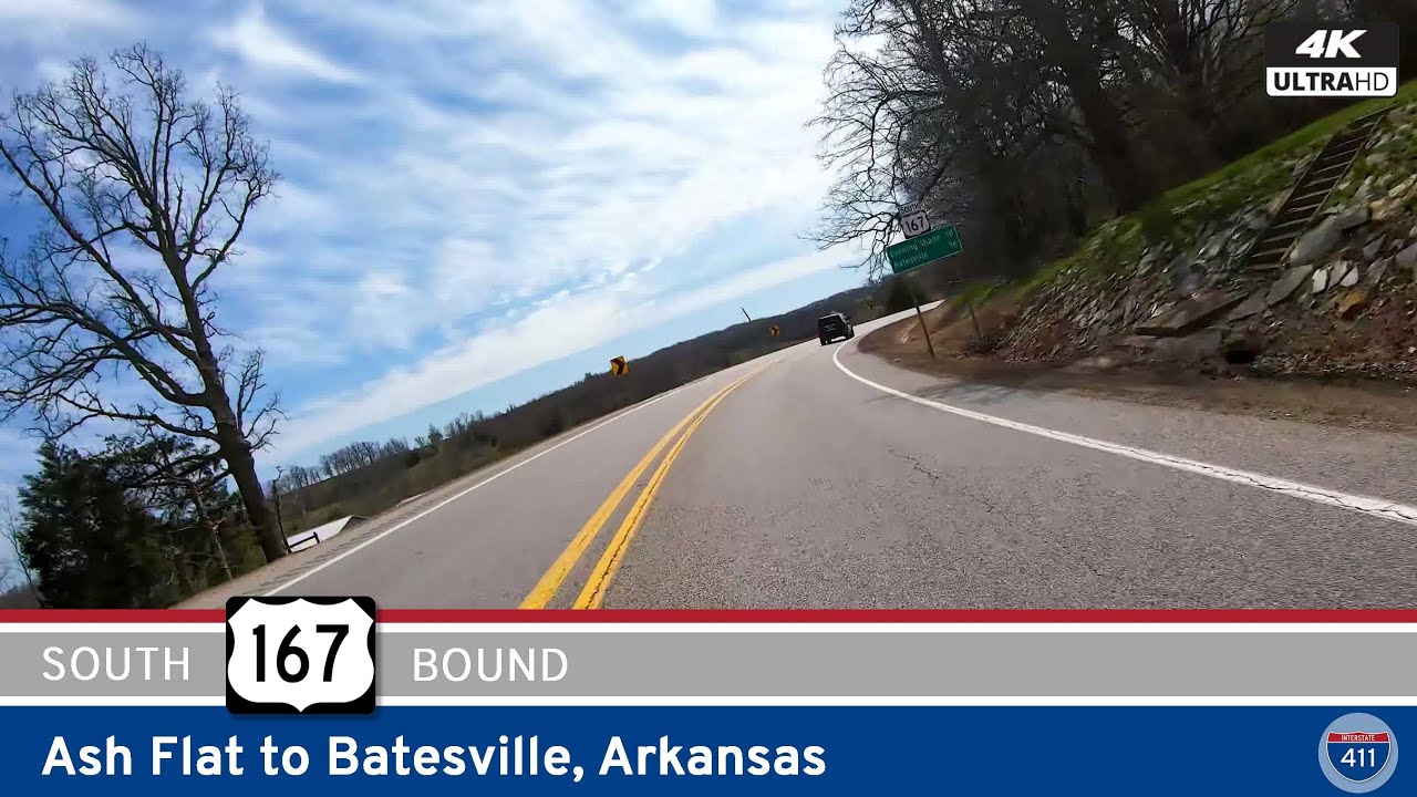 Drive America's Highways for 38 miles south along U.S. Highway 167 from Ash Flat to Batesville, Arkansas.