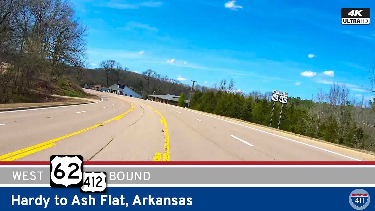 Drive America's Highways for 10 miles west along U.S. Highway 62 from Hardy to Ash Flat, Arkansas.