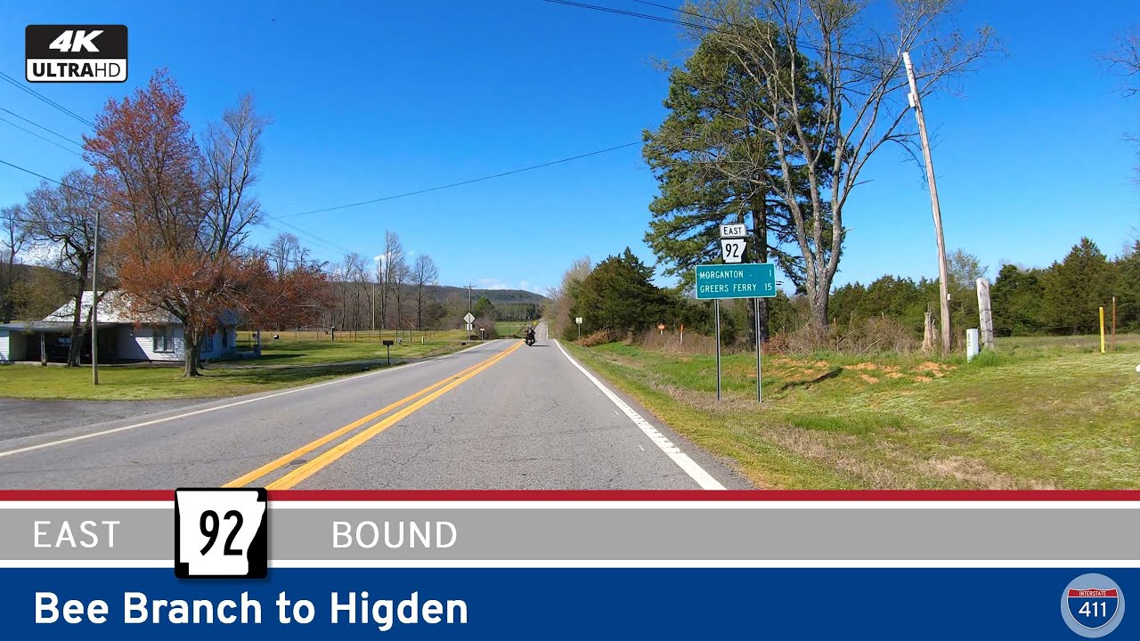 Drive America's Highways for 13 miles east along Arkansas Highway 92 from Bee Branch to Higden, Arkansas.