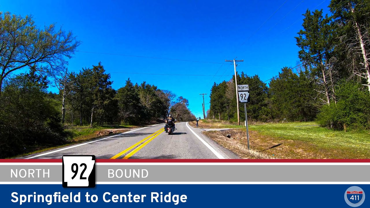 Drive America's Highways for 8 miles north along Arkansas Highway 92 from Springfield to Center Ridge.