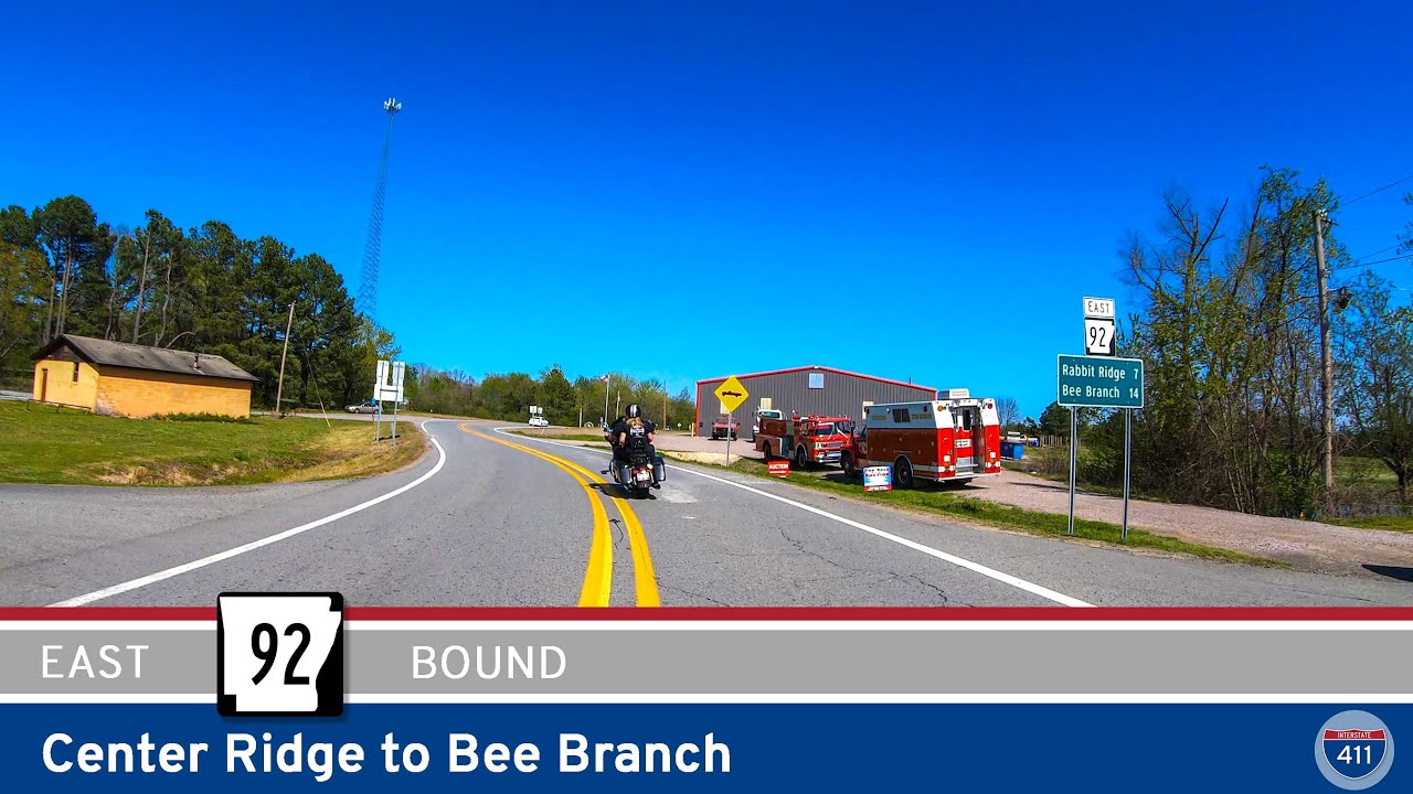 Drive America's Highways for 13 miles east along Arkansas Highway 92 from Center Ridge to Bee Branch.