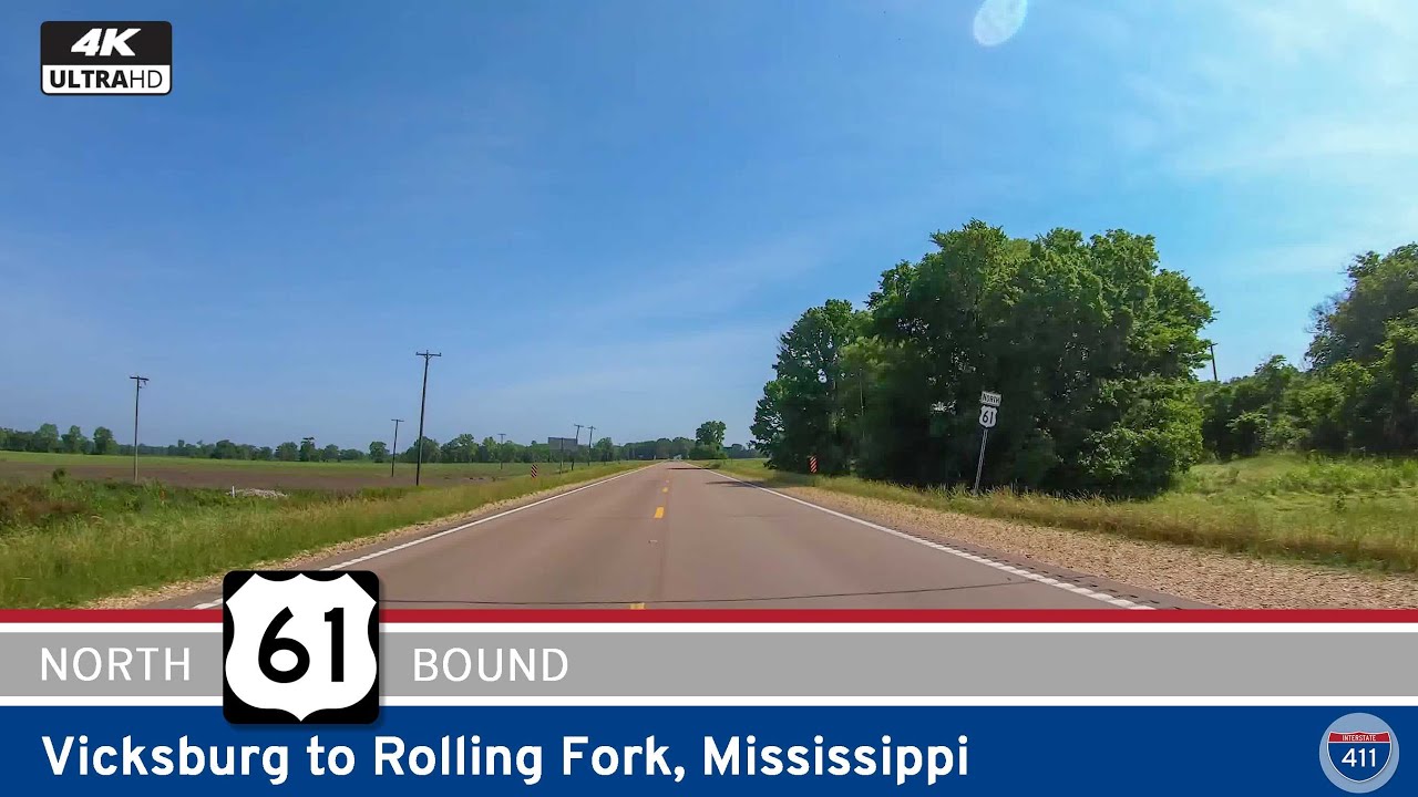 Drive America's Highways for 43 miles north along U.S. Highway 61 from Vicksburg to Rolling Fork, Mississippi.