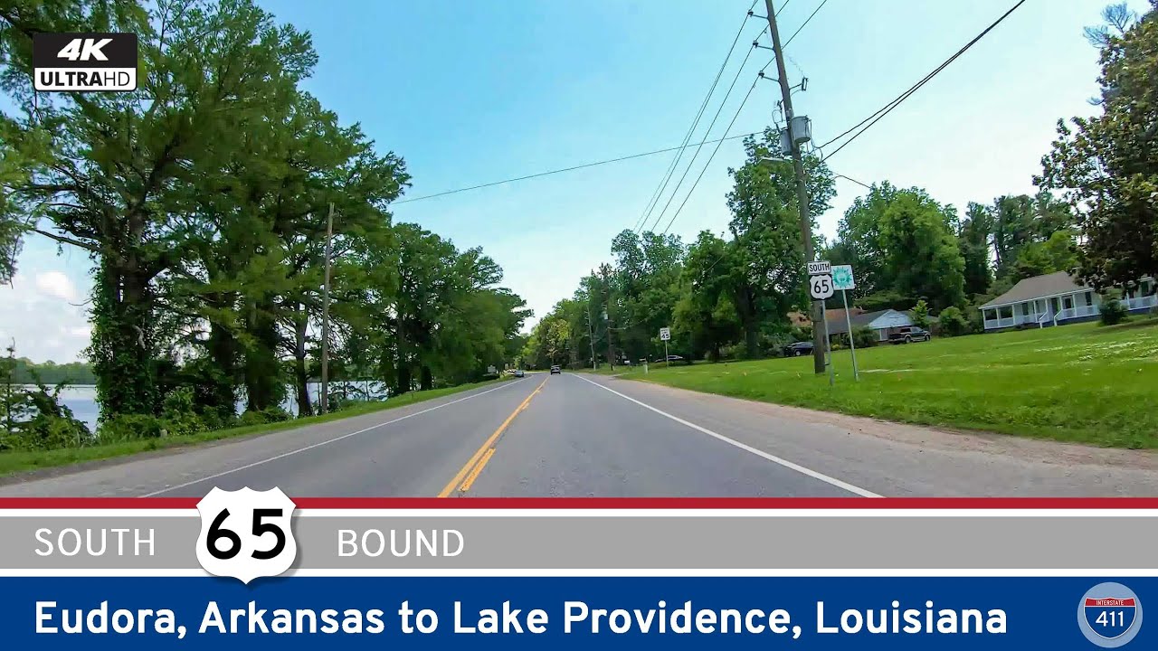 Drive America's Highways for 24 miles south along U.S. Highway 65 from Eudora Arkansas to Lake Providence Louisiana.