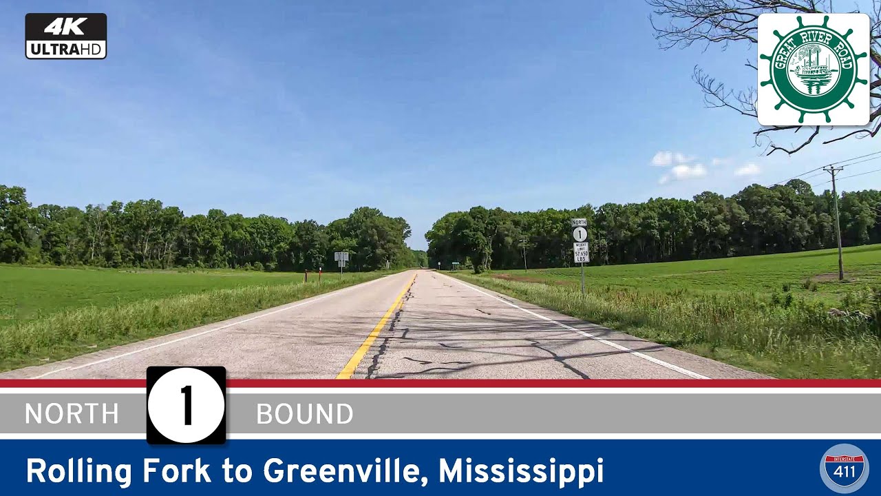 Drive America's Highways for 36 miles north along the Great River Road (Mississippi Highway 1) from Rolling Fork to Greenville