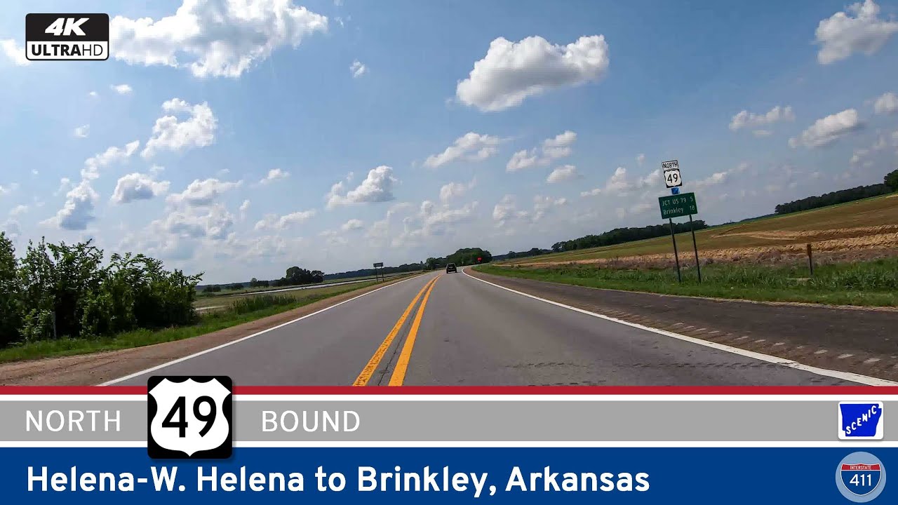 Drive America's Highways for 48 miles north along U.S. Highway 49 from Helena/West Helena to Brinkley, Arkansas.