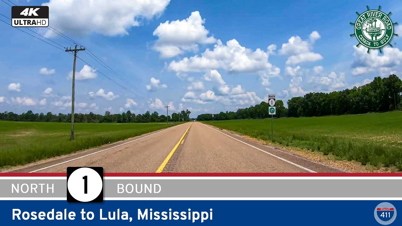 Drive America's Highways for 54 miles north along Mississippi Highway 1 from Rosedale to Lula