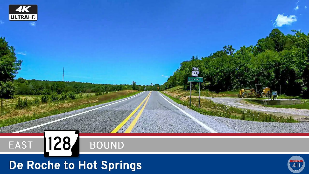 Drive America's Highways for 15 miles east along Arkansas Highway 128 from De Roche to Hot Springs.