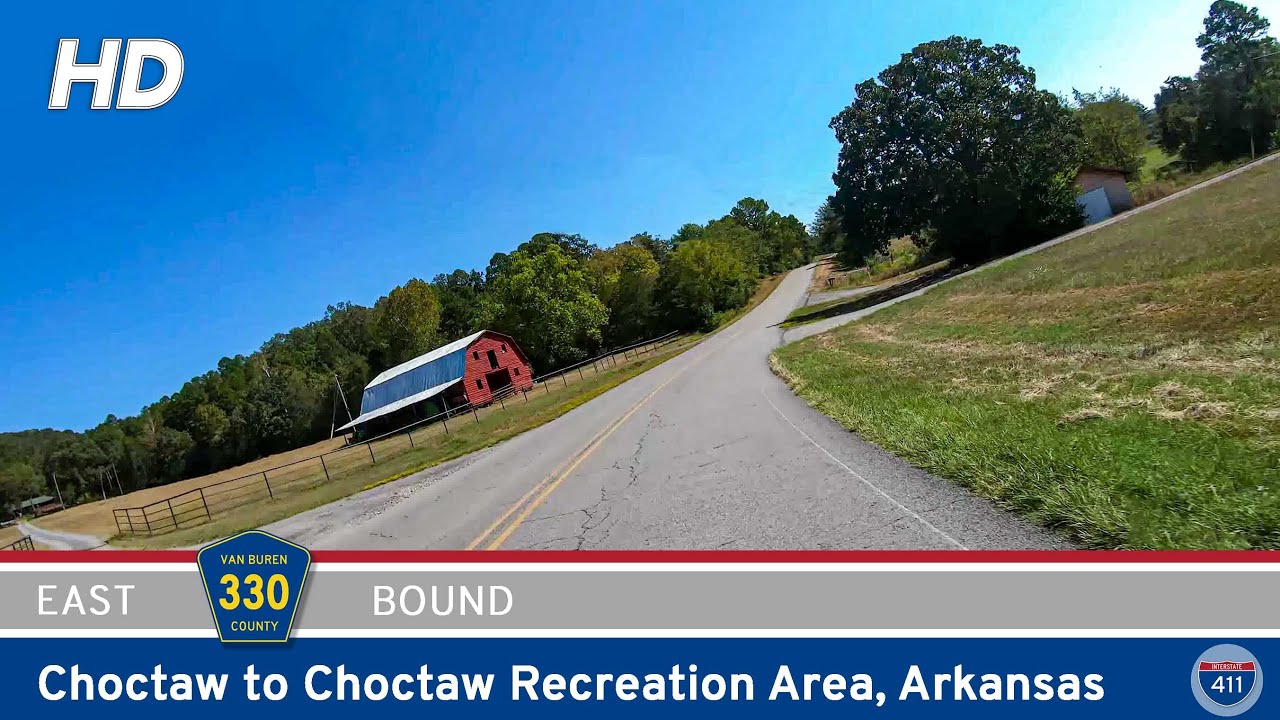 Drive America's Highways for 4 miles east along Van Buren County Road 330 from Choctaw to Choctaw Recreation Area in Arkansas.