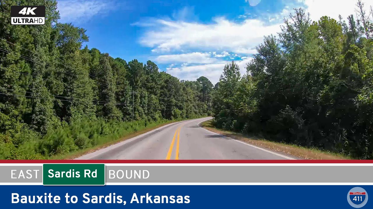 Drive America's Highways for 6 miles east along West Sardis Road from Bauxite to Sardis, Arkansas.