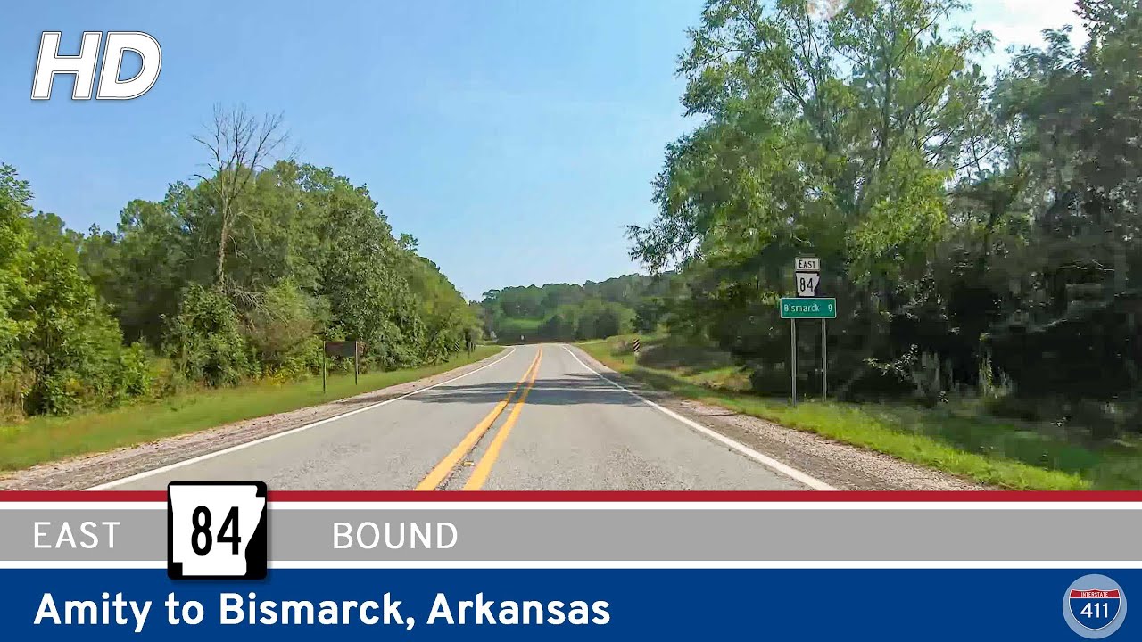 Drive America's Highways for 22 miles east along Arkansas Highway 84 from Amity to Bismarck, Arkansas.