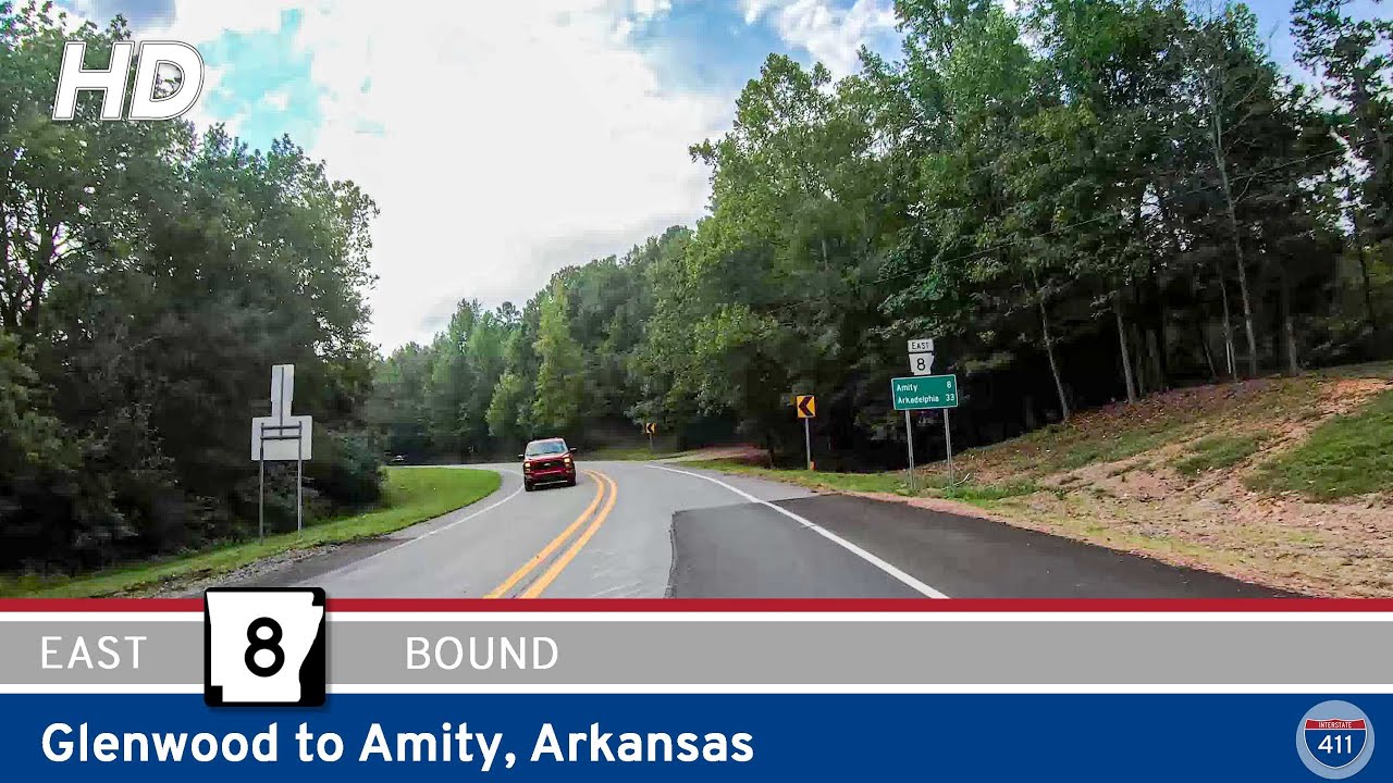 Drive America's Highways for 7 miles east along Arkansas Highway 8 from Glenwood to Amity, Arkansas.