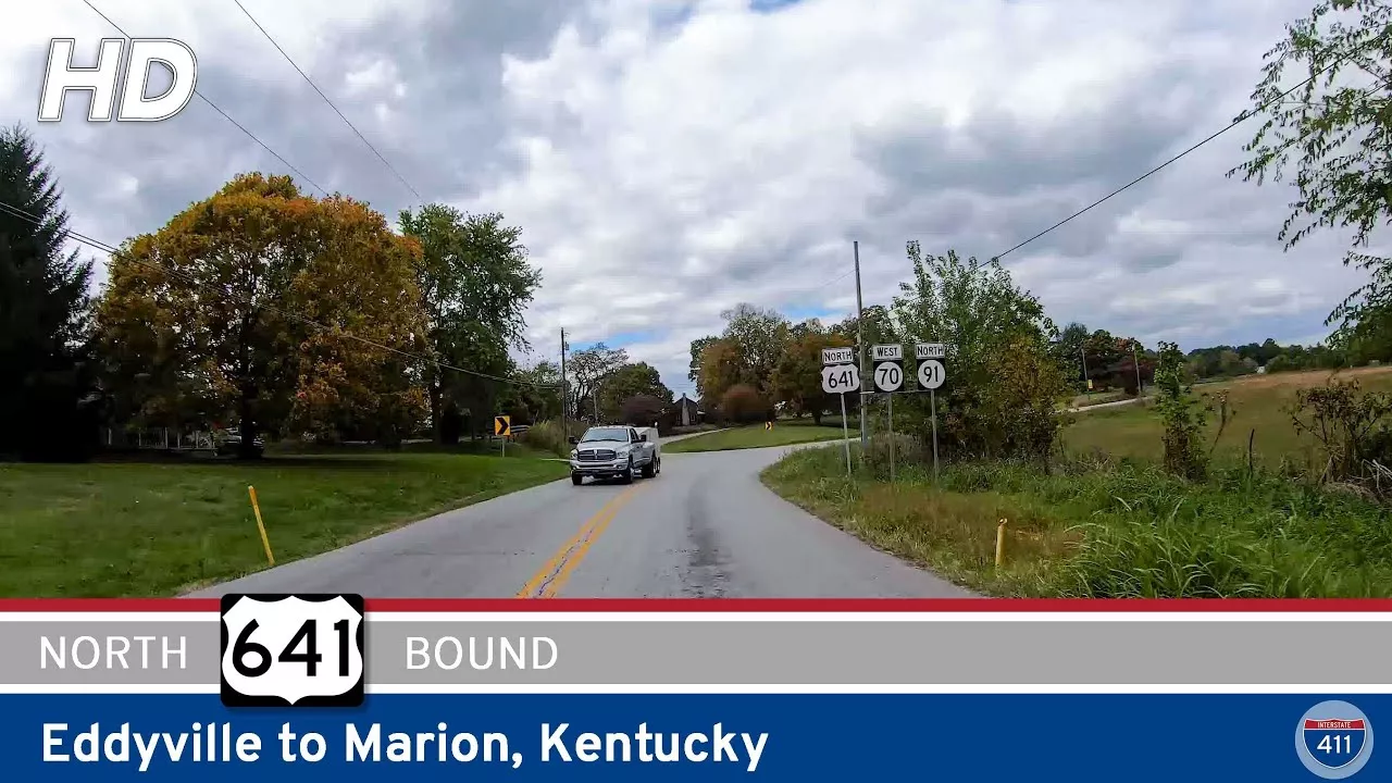 Drive America's Highways for 18 miles north along U.S. Highway 641 from Eddyville to Marion, Kentucky.