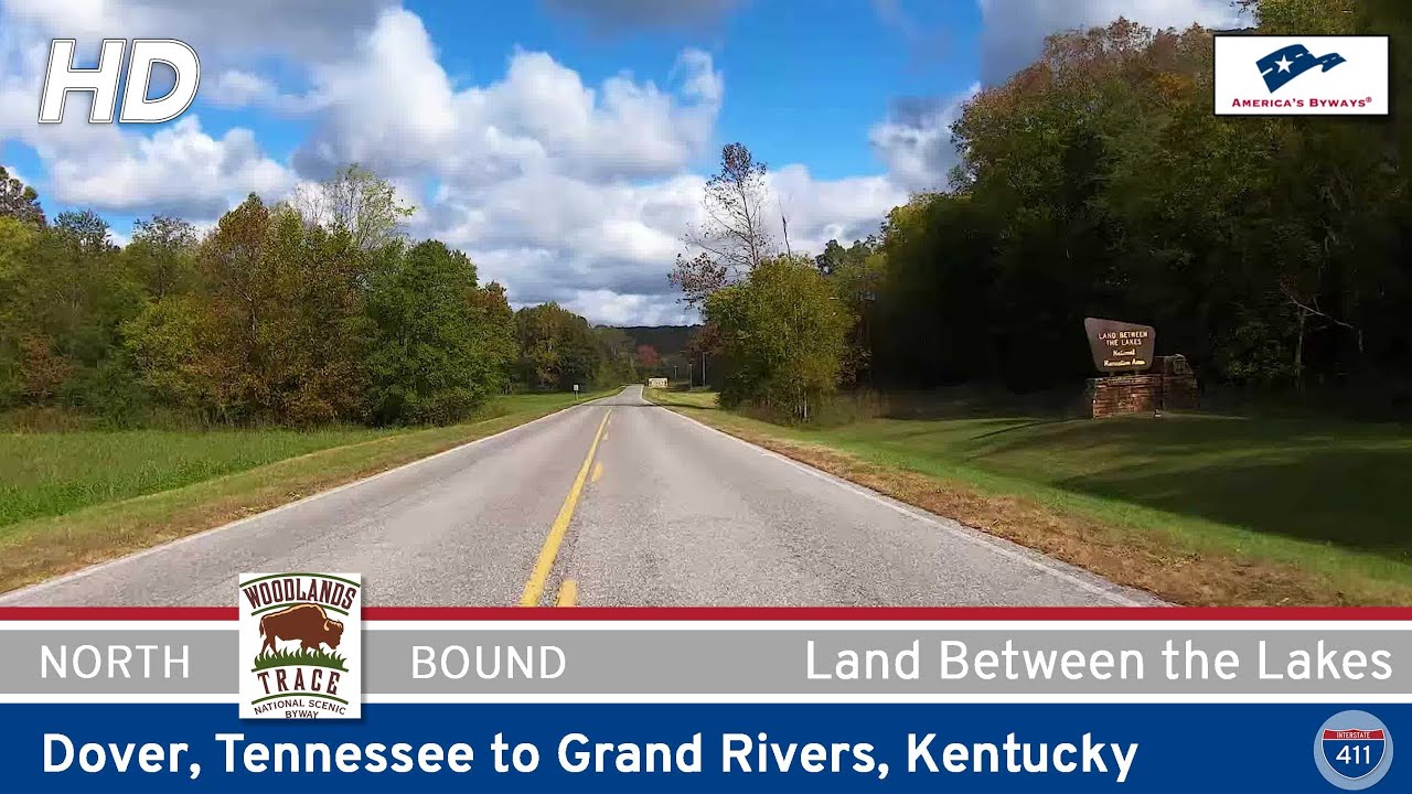 Drive America's Highways for 49 miles north along the Woodlands Trace Parkway from Dover to Grand Rivers, Tennessee/Kentucky