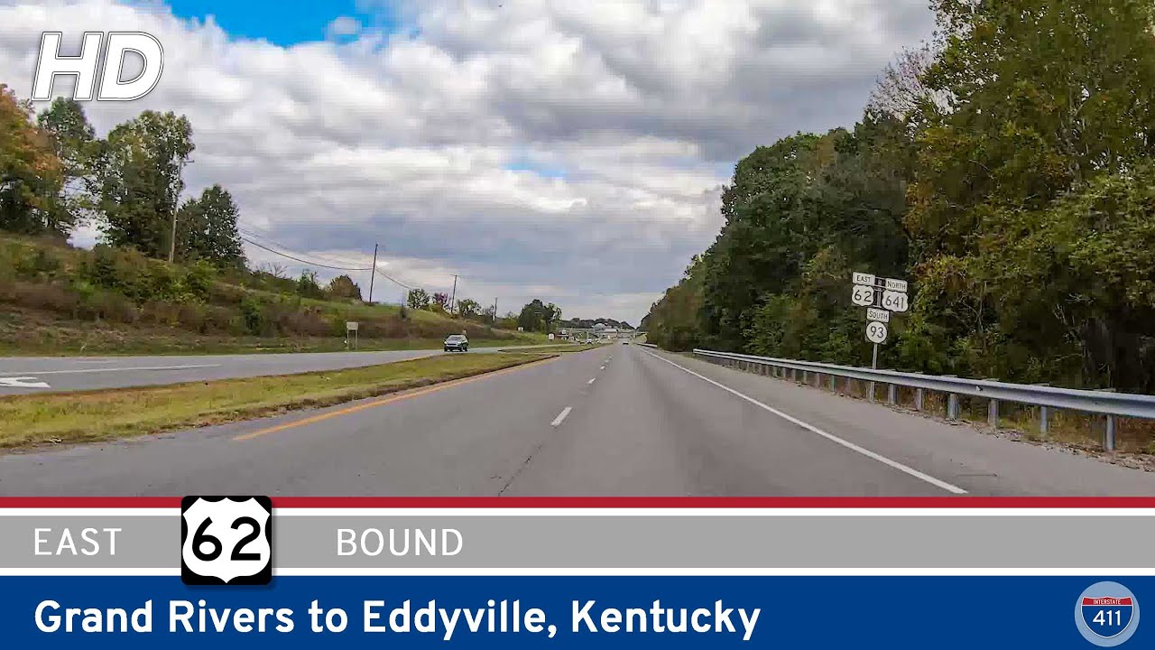 Drive America's Highways for 12 miles east along U.S. Highway 62 from Grand Rivers to Eddyville, Kentucky