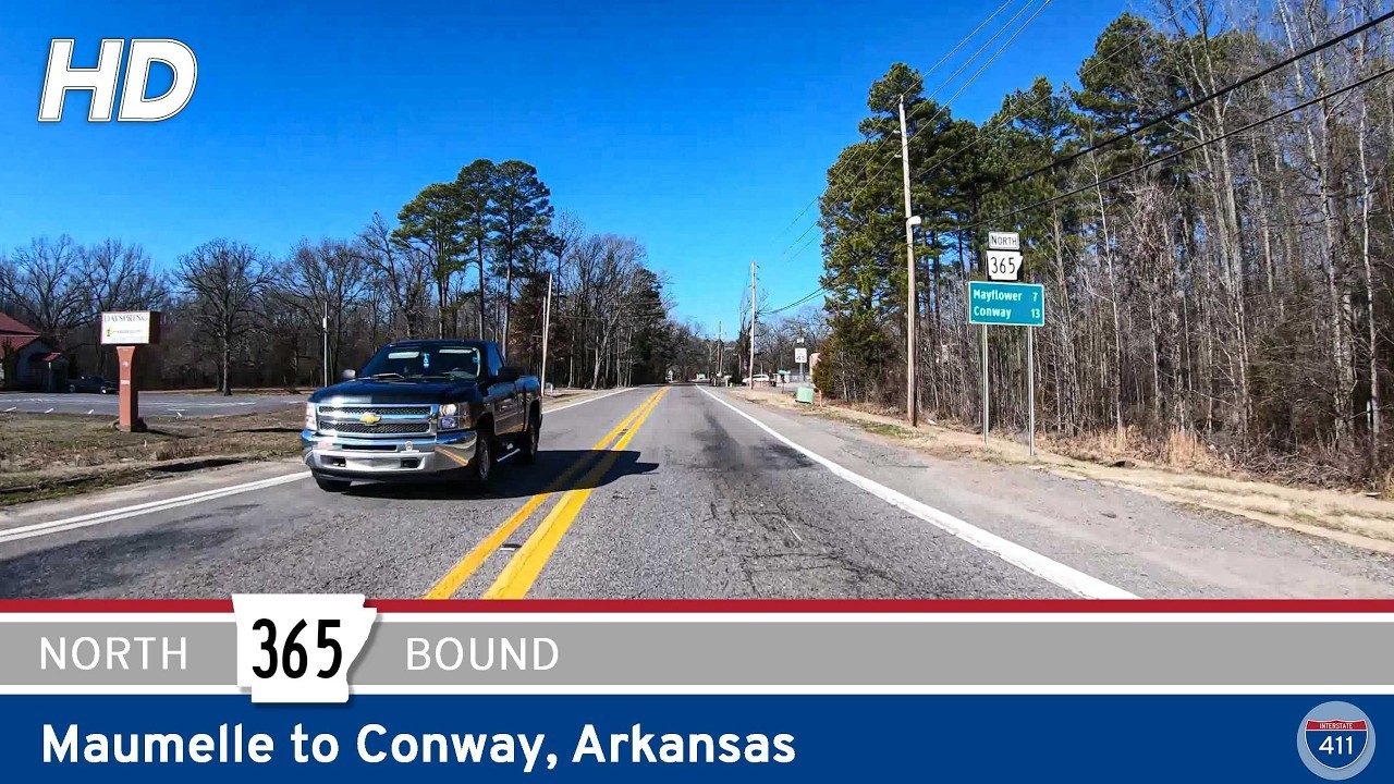 Drive America's Highways for 16 miles north along Arkansas Highway 365 from Maumelle to Conway