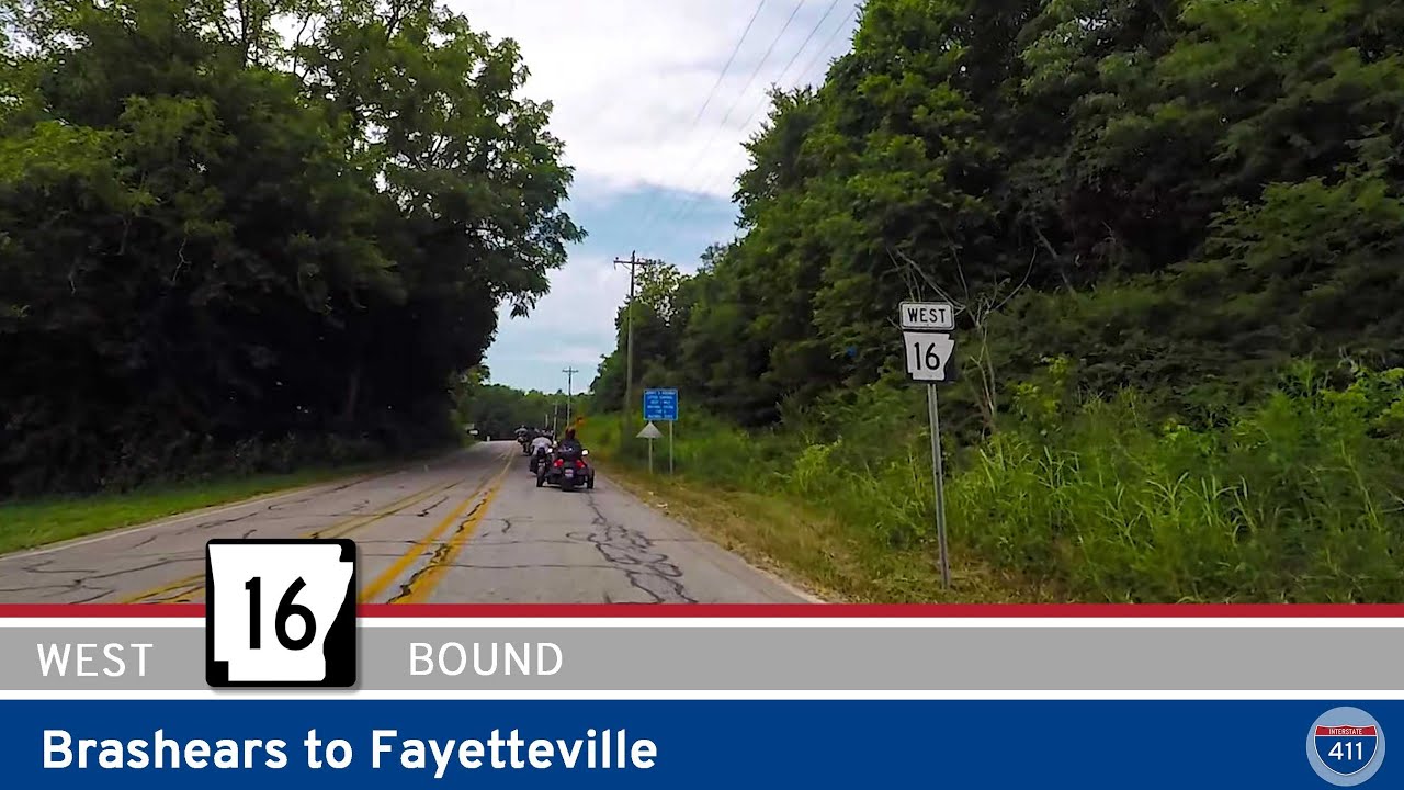 Drive America's Highways for 28 miles west along Arkansas Highway 16 from Brashears to Fayetteville, Arkansas