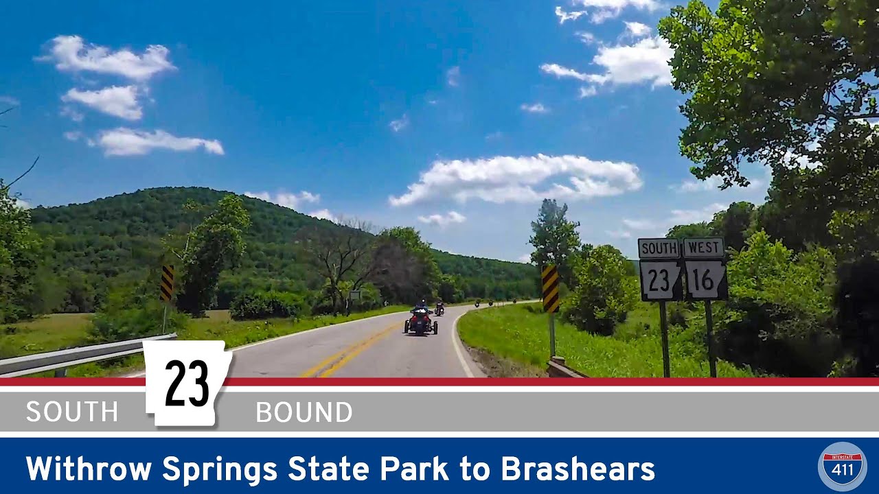 Drive America's Highways for 30 miles south along Arkansas Highway 23, from Withrow Springs State Park to Brashears.