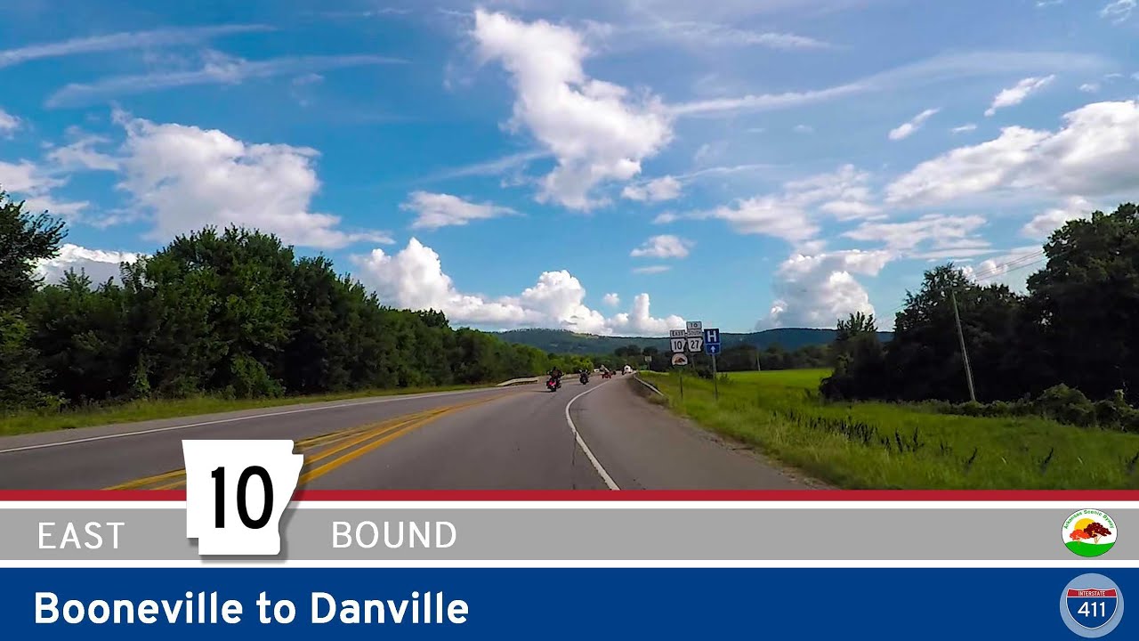 Drive America's Highways for 33 miles east along Arkansas Highway 10 from Booneville to Danville.