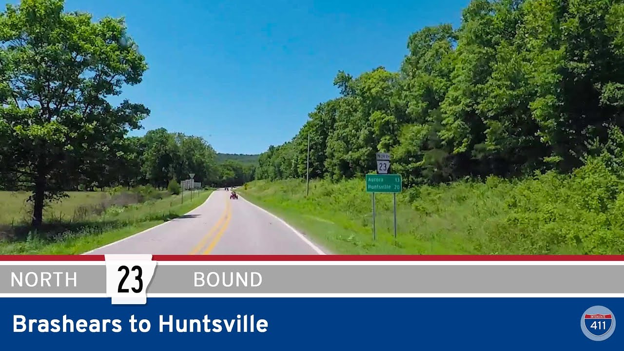 Drive America's Highways for 30 miles north along Arkansas Highway 23 from Brashears to Huntsville, Arkansas