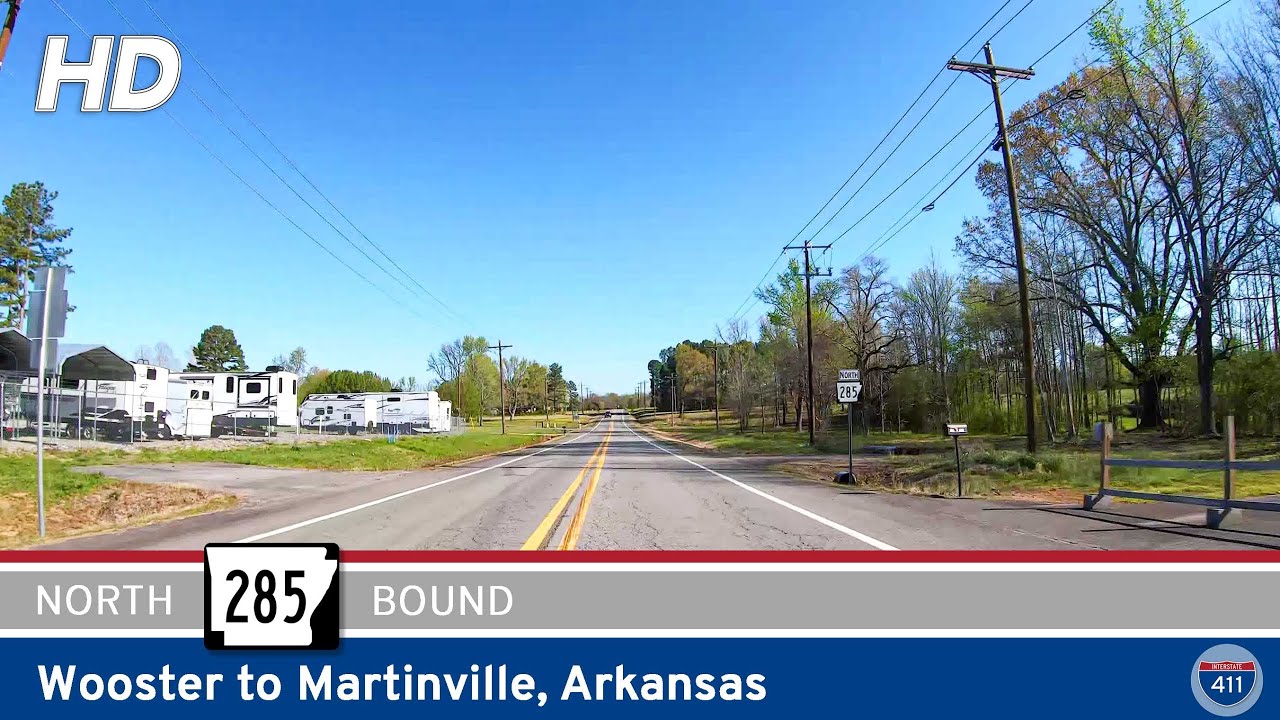 Drive America's Highways for 10 miles north along Arkansas Highway 285 from Wooster to Martinville.