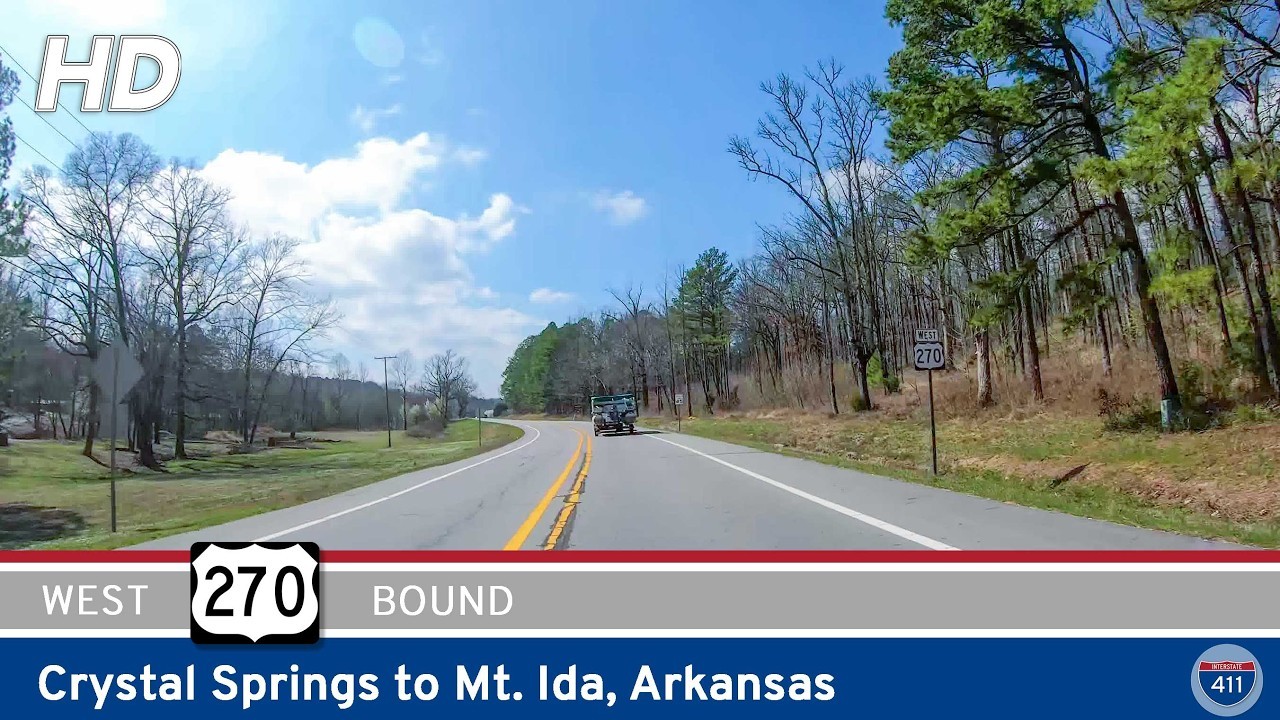 Drive America's Highways for 19 miles west along U.S. Highway 270 from Crystal Springs to Mt. Ida, Arkansas.