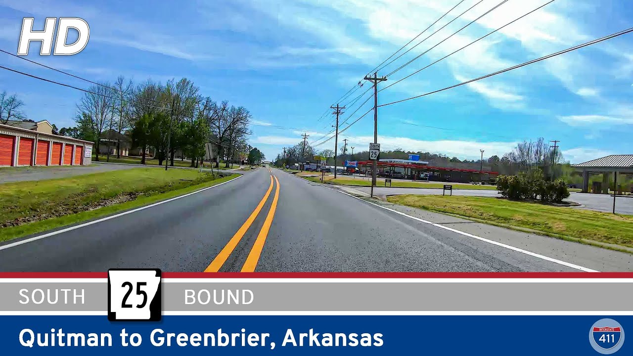 Drive America's Highways for 14 miles west along Arkansas Highway 25 from Quitman to Greenbrier