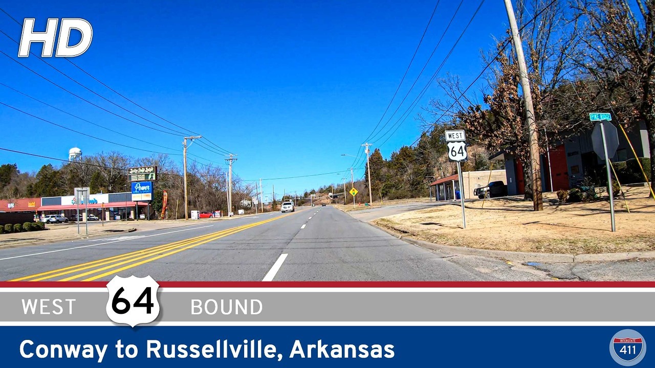 Drive America's Highways for 46 miles west along U.S. Highway 64 from Conway to Russellville, Arkansas