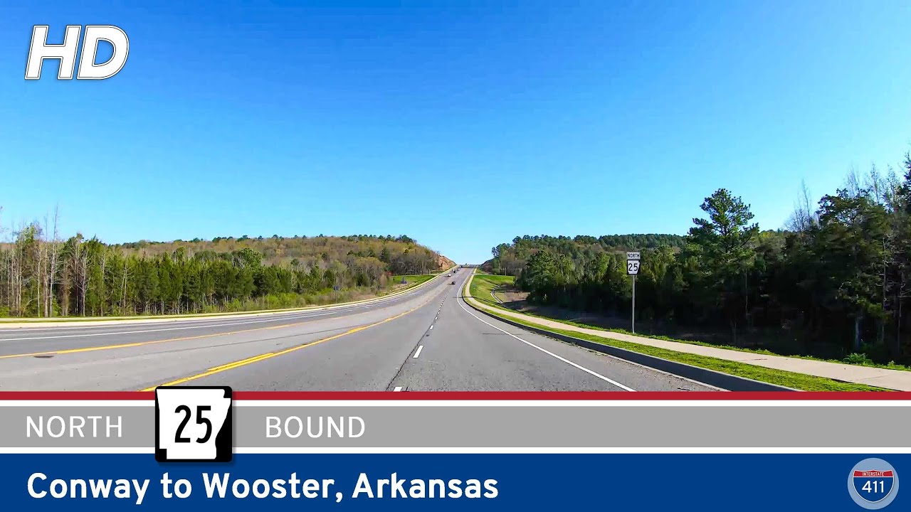 Drive America's Highways for 6 miles north along Arkansas Highway 25 from Conway to Wooster.