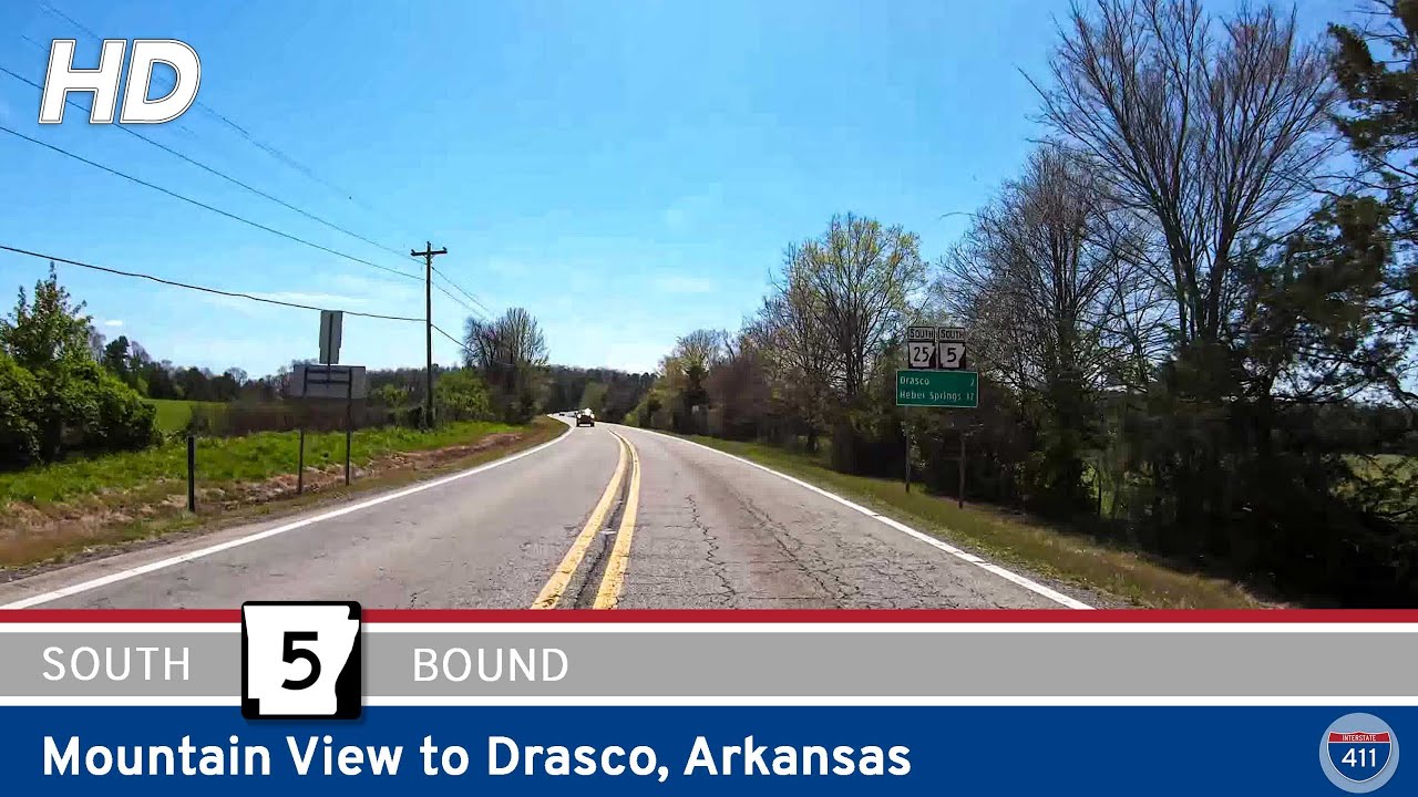 Drive America's Highways for 26 miles south along Arkansas Highway 5 from Mountain View to Drasco.