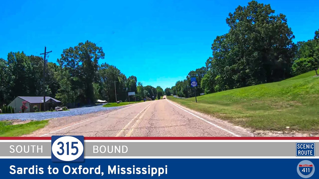 Drive America's Highways for 15 miles south along MS-315 from Sardis to Oxford, Mississippi