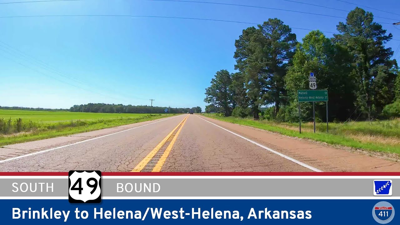 Drive America's Highways for 54 miles south along U.S. Highway 49 from Brinkley to Helena/West-Helena in Arkansas