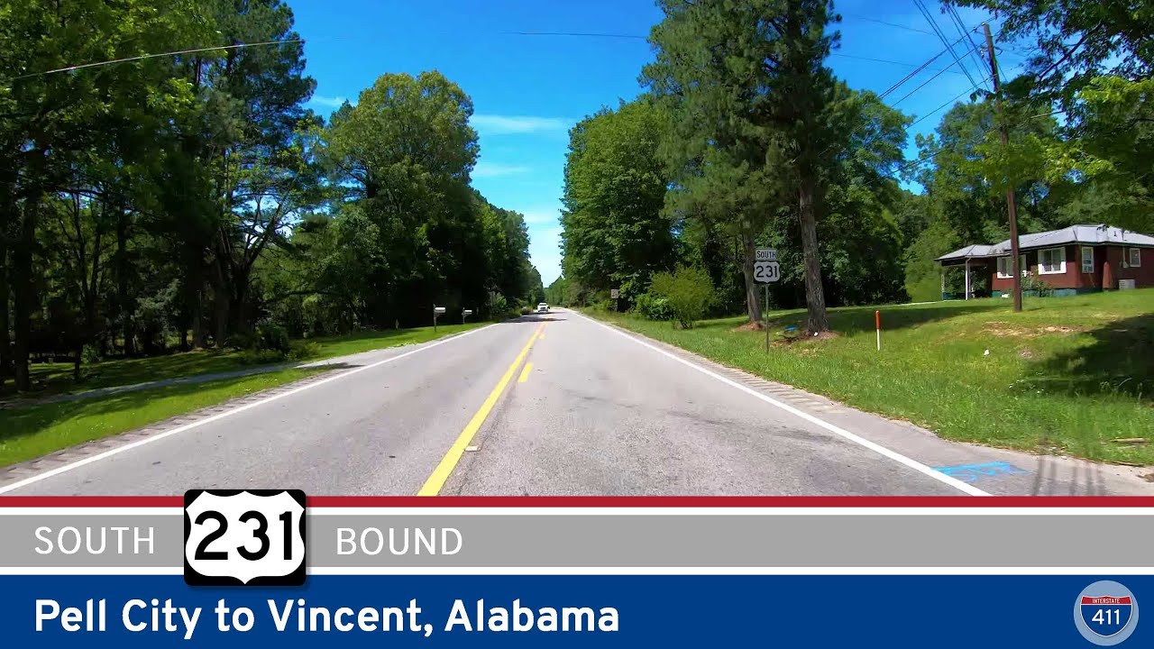 Drive America's Highways for 17 miles south along U.S. Highway 231 from Pell City to Vincent, Alabama