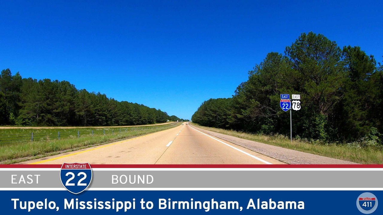 Drive America's Highways for 128 miles east along Interstate 22 from Tupelo to Birmingham.