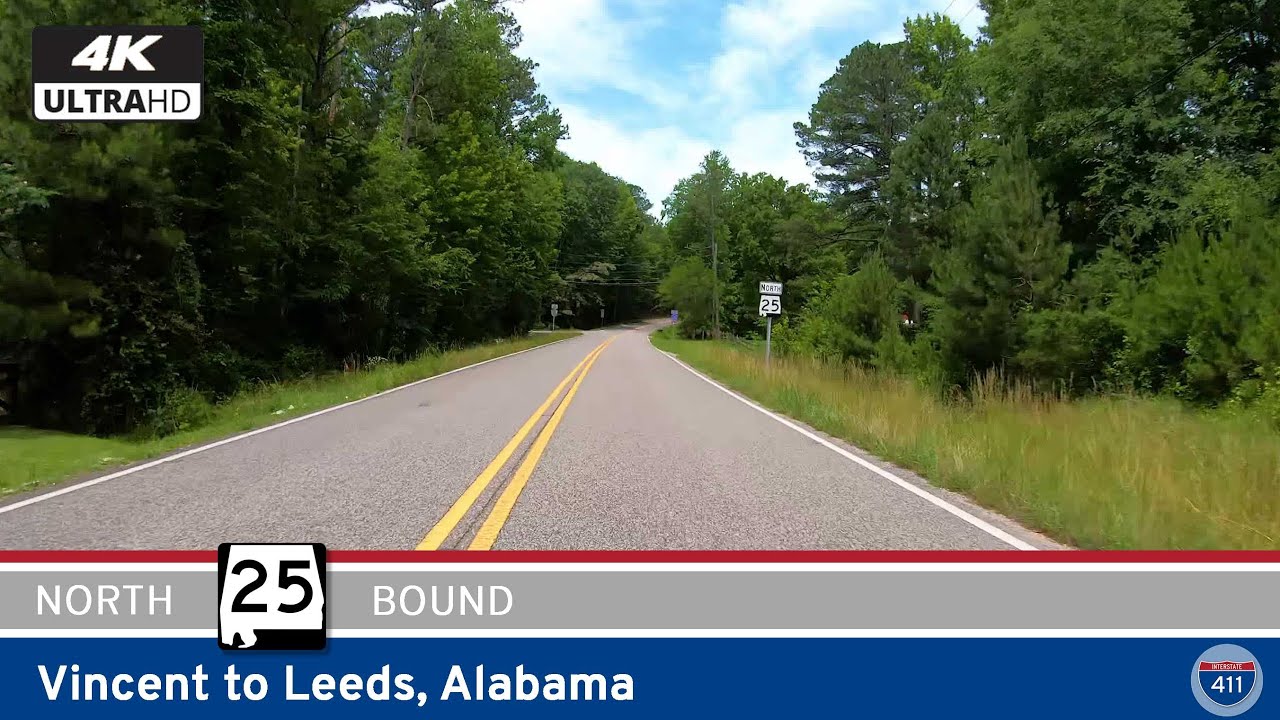 Drive America's Highways for 17 miles north along Alabama Highway 25 from Vincent to Leeds