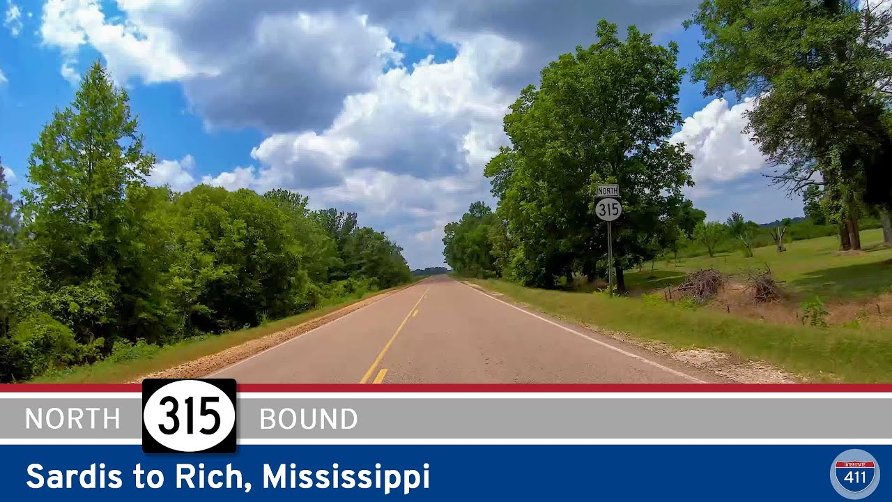 Drive America's Highways for 34 miles north along Mississippi Route 315 from Sardis to Rich, Mississippi.