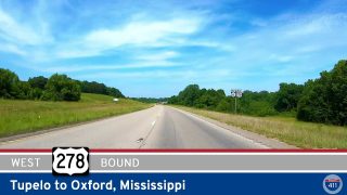 Drive America's Highways for 59 miles west along U.S. Highway 278 from Tupelo to Oxford, Mississippi.