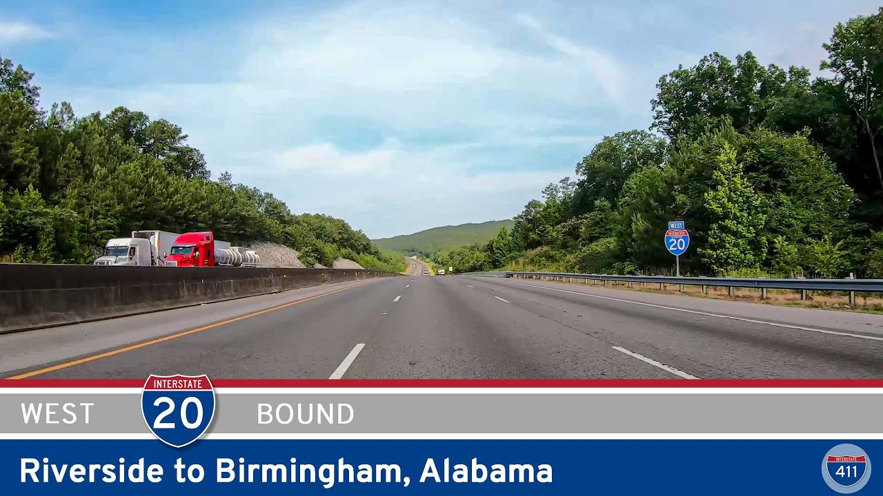 Drive America's Highways for 38 miles west along Interstate 20 from Riverside to Birmingham, Alabama.