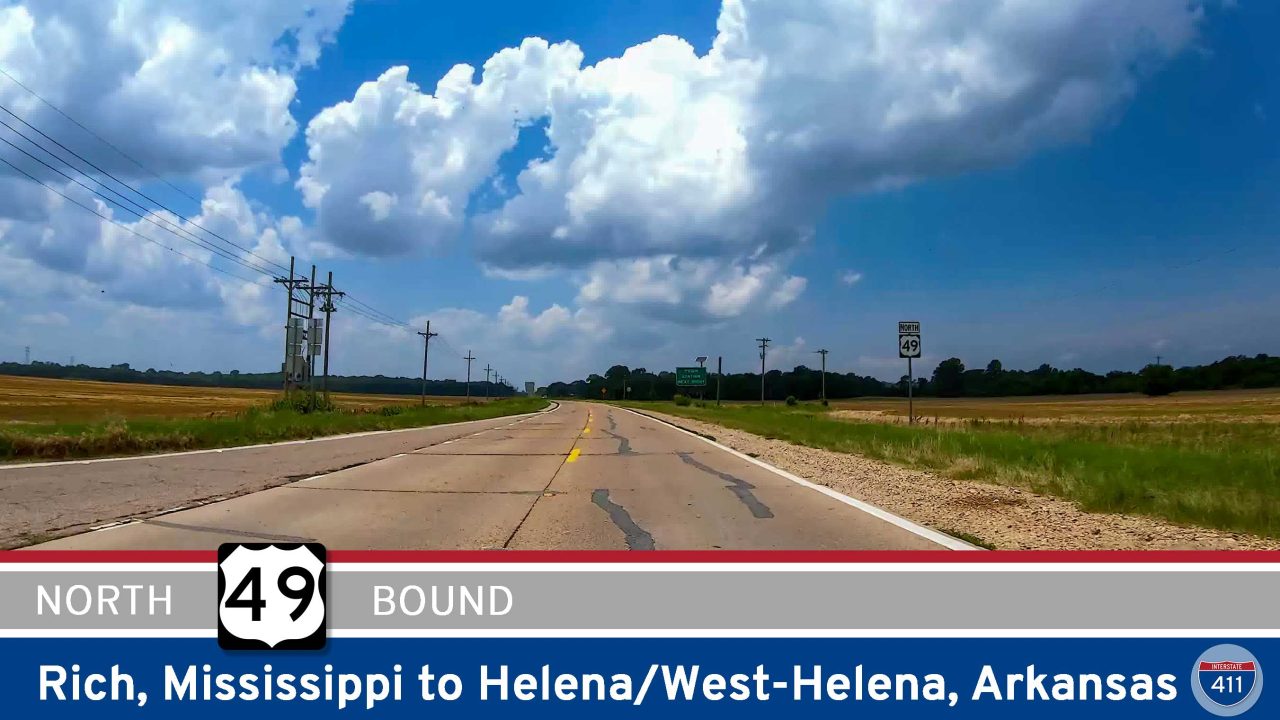 🚙 Drive America's Highways for 11 miles north along U.S. Highway 49 from Rich, Mississippi to Helena/W. Helena, Arkansas.